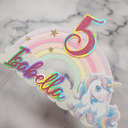 Holographic Pastel Unicorn Rainbow Cake Topper