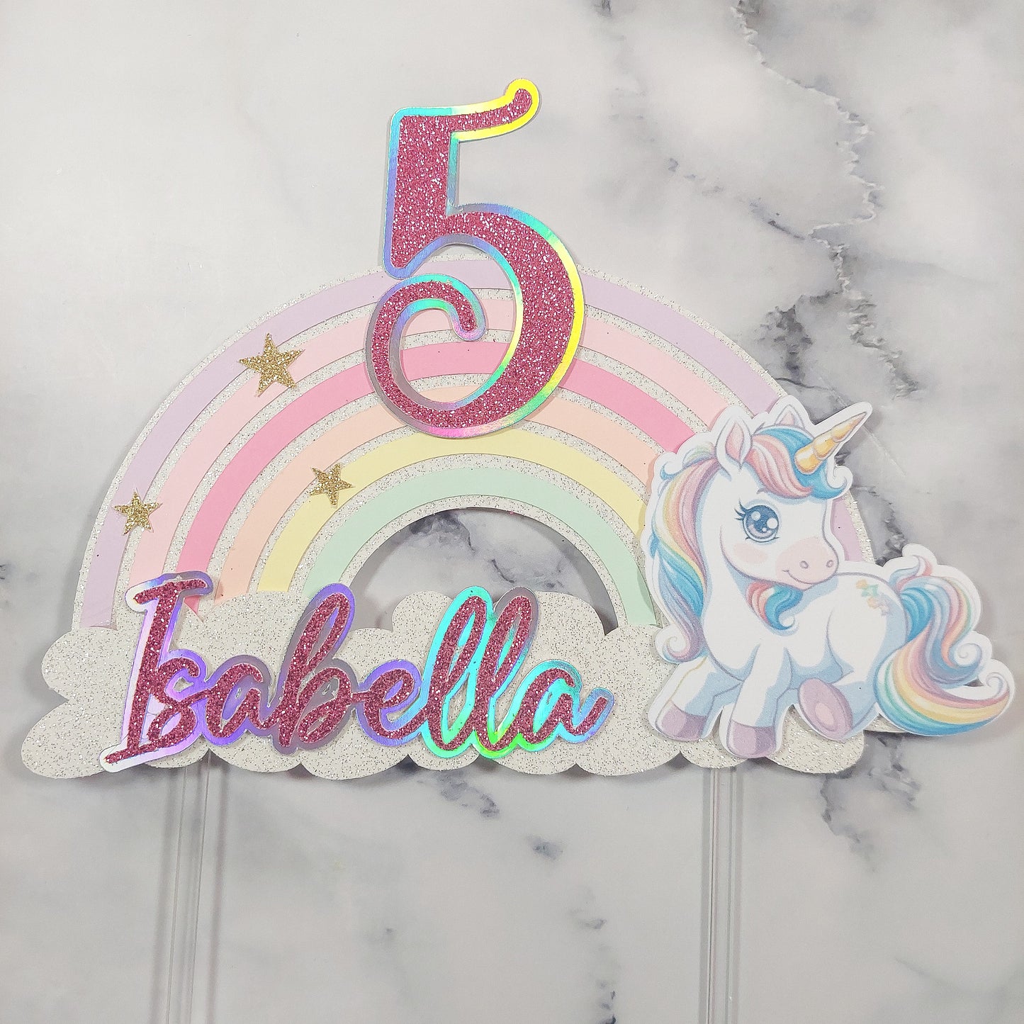 Holographic Pastel Unicorn Rainbow Cake Topper