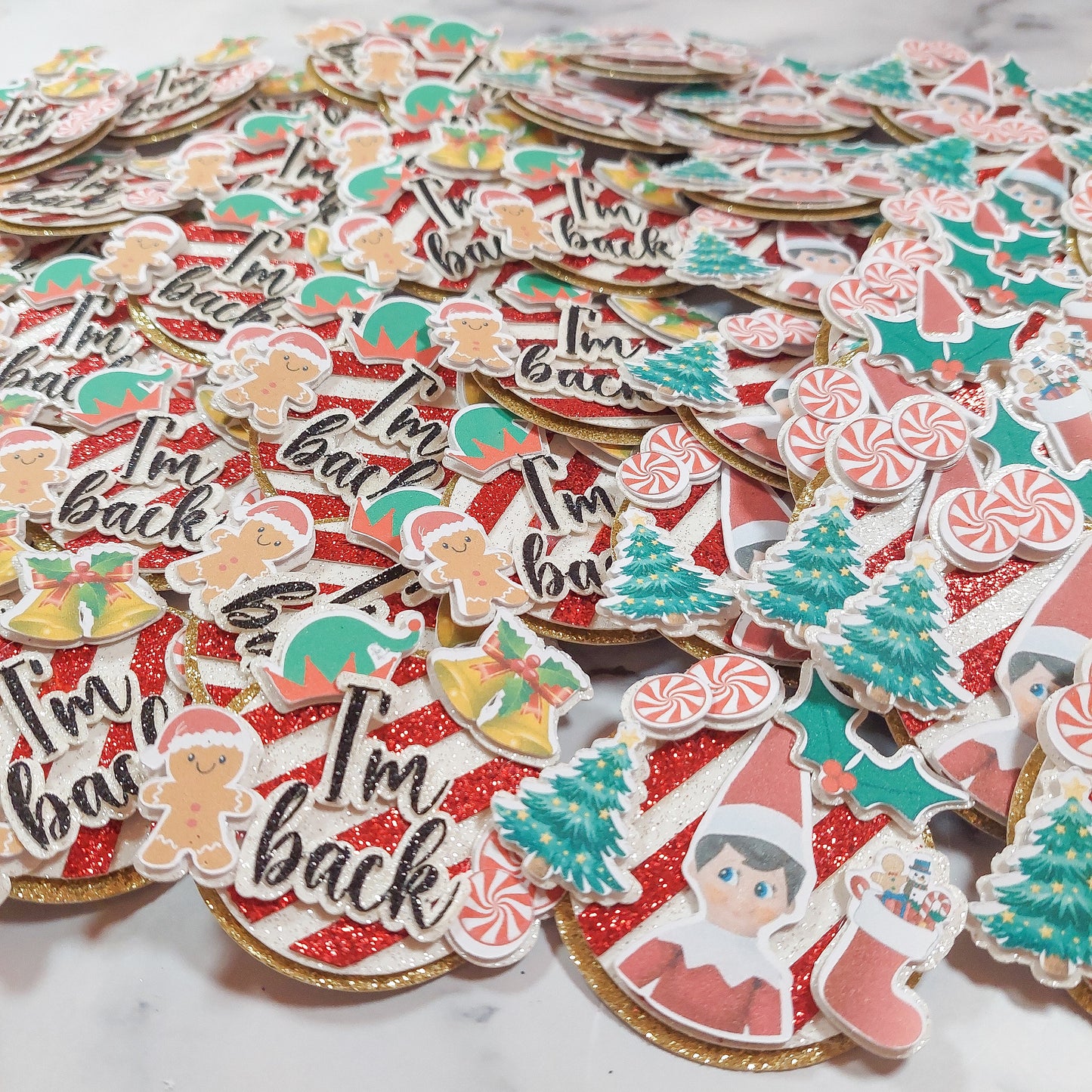 Elf I'm Back Card Cupcake Toppers Set of 2