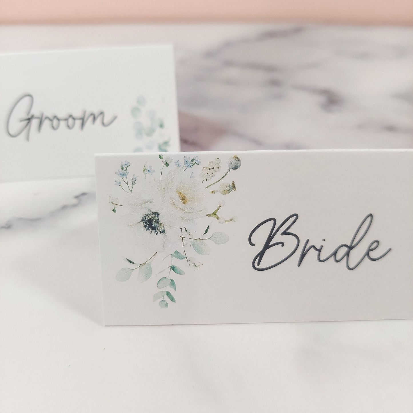 White Floral Printed Name Place Card