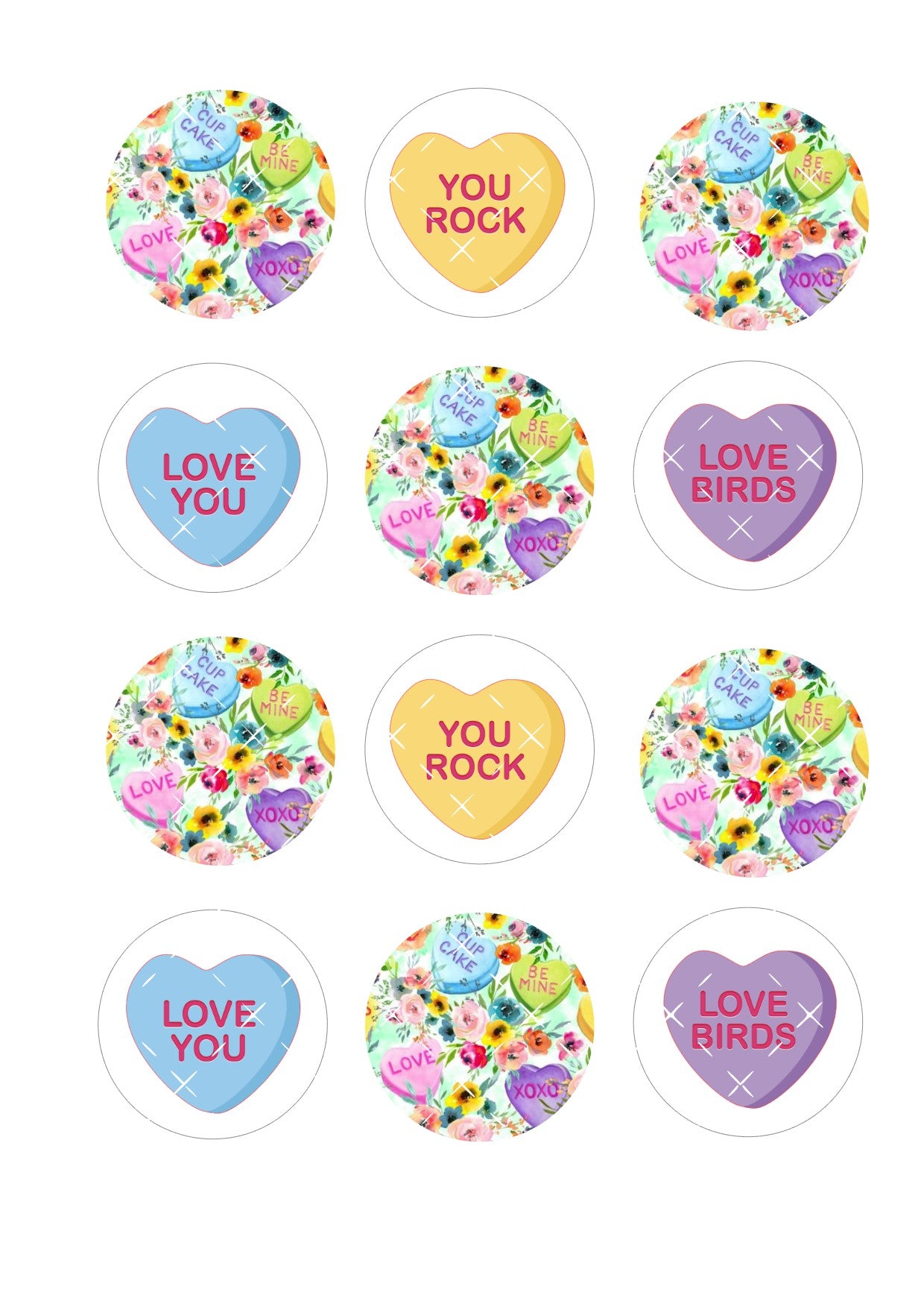 Floral Love Hearts Mix Icing Sheet Cupcake Toppers