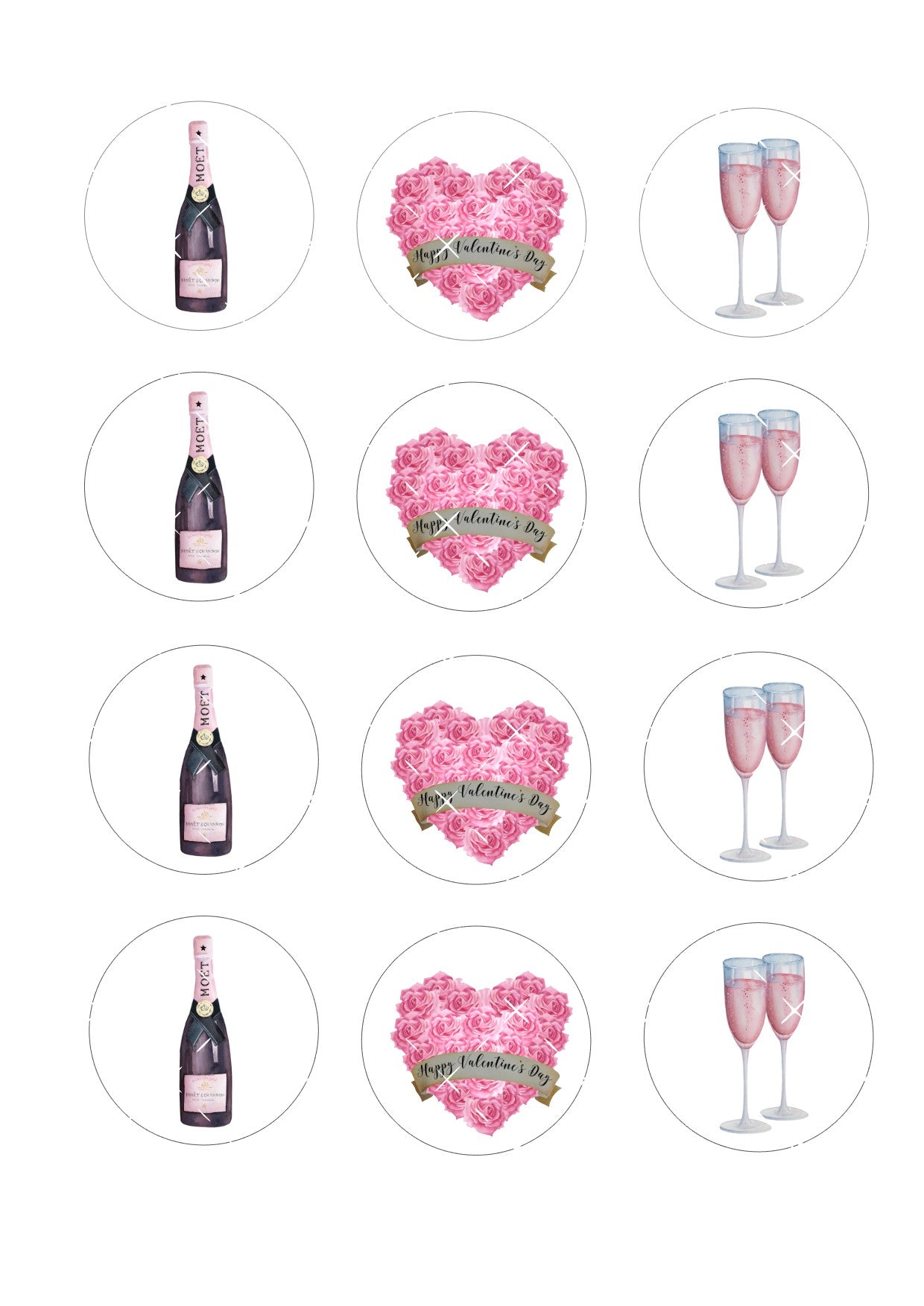 Champagne Happy Valentines Icing Sheet Cupcake Toppers