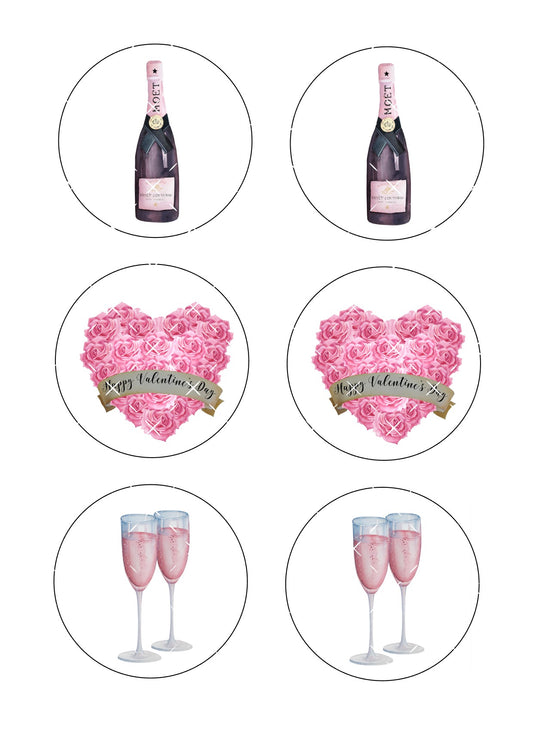 Champagne Valentines Day Icing Sheet Cookie Toppers