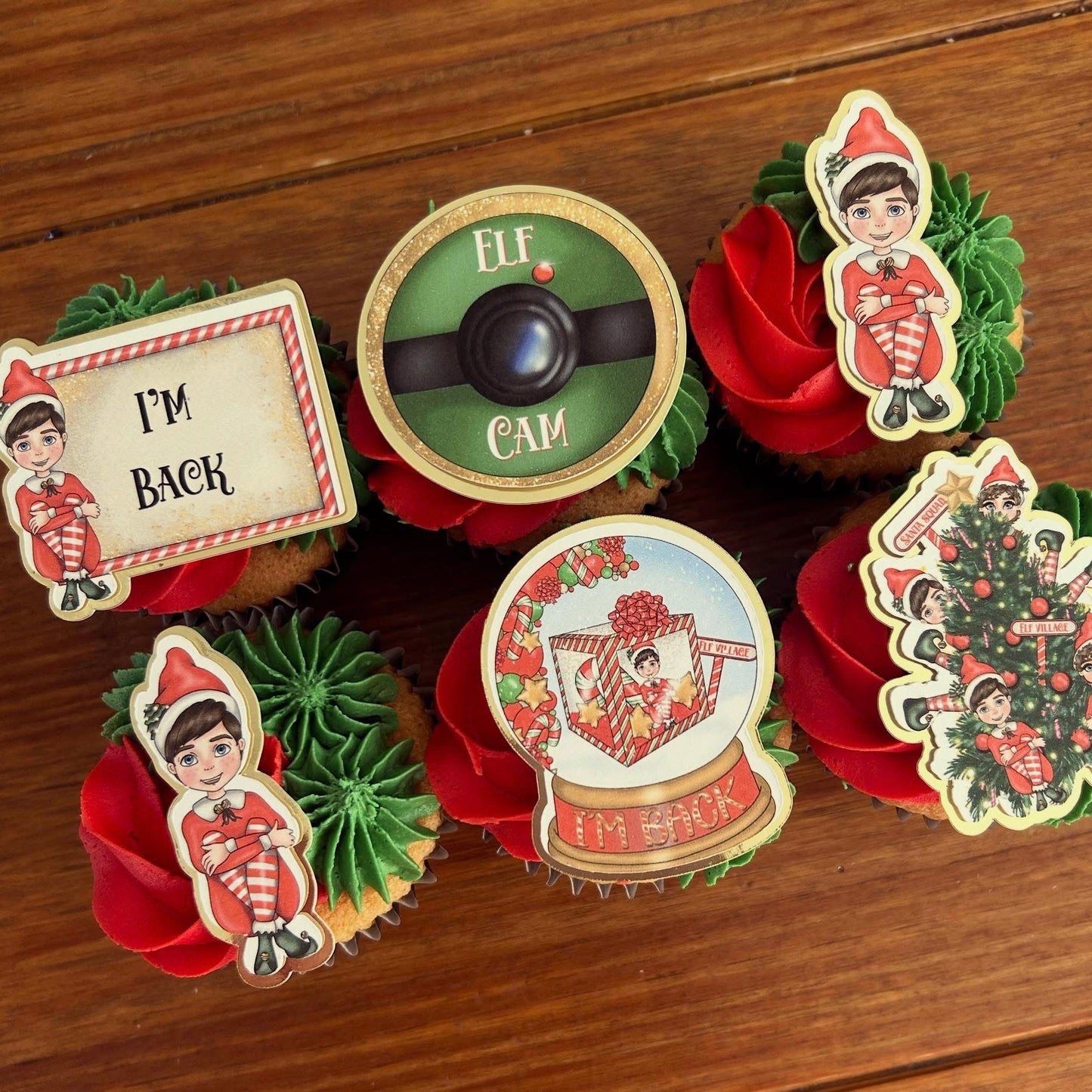 Elf I’m back Card Cupcake Topper Set