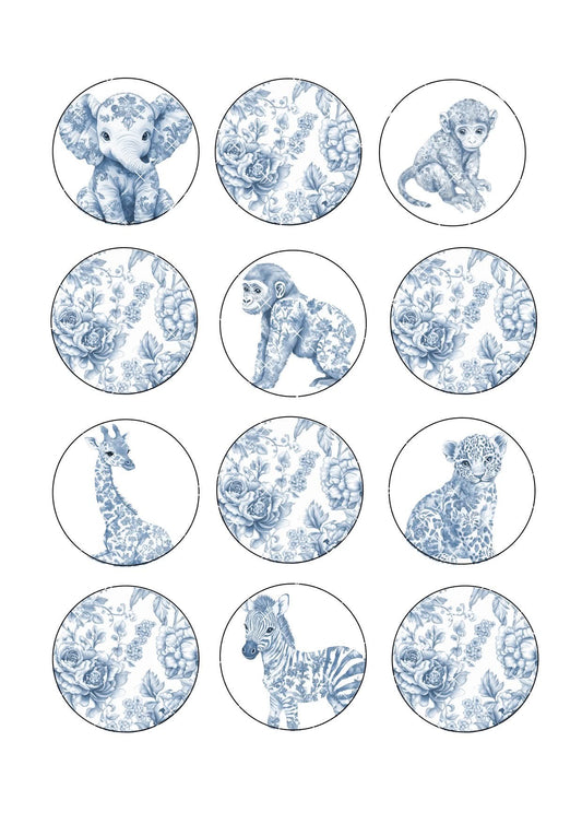 Chinoiserie Blue Safari Icing Sheet Cupcake Toppers