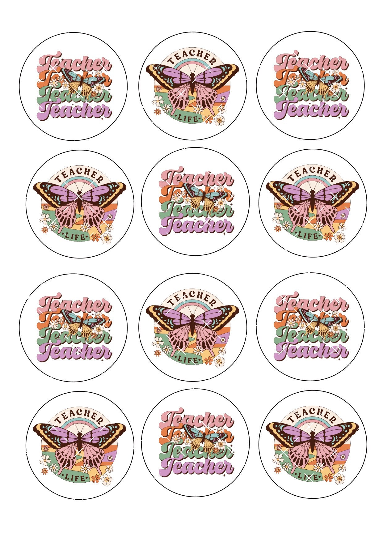 Retro Butterfly Teacher Icing Sheet Cupcake Toppers