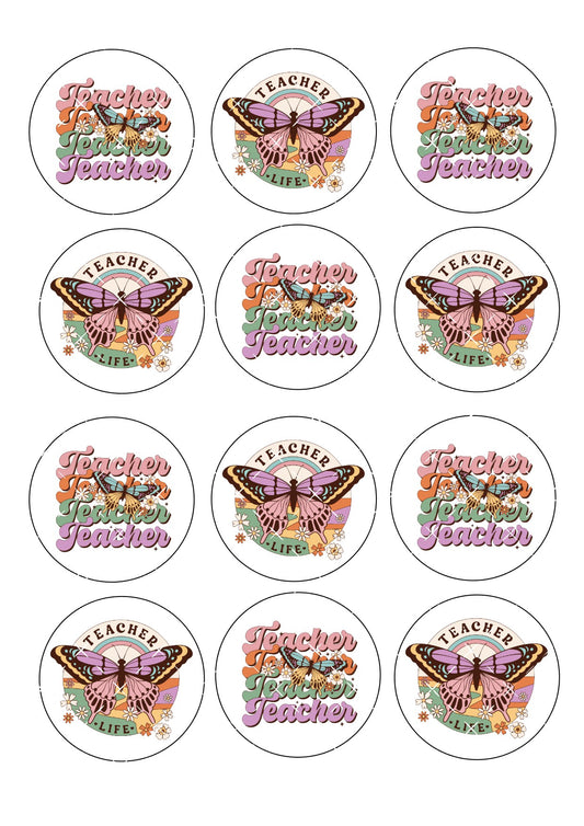 Retro Butterfly Teacher Icing Sheet Cupcake Toppers