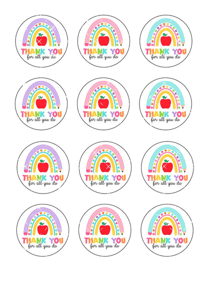 Thank you for all you do Teacher Icing Sheet Cupcake Toppers