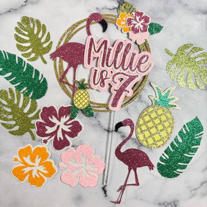 Tropical Flamingo Glitter Card Cake Topper