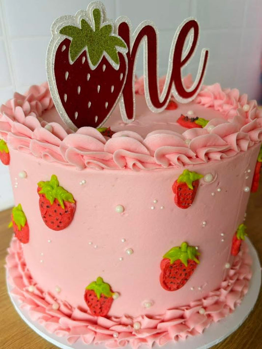 One Strawberry Glitter Card Cake Topper