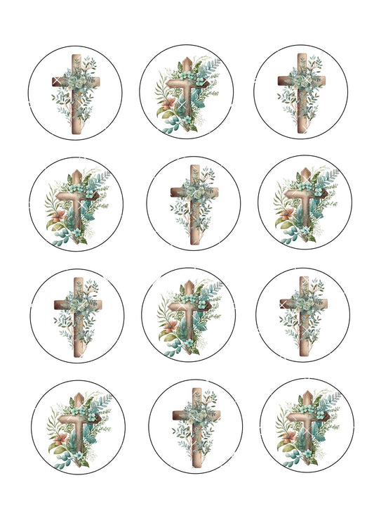 Foliage Cross Icing Sheet Cupcake Toppers