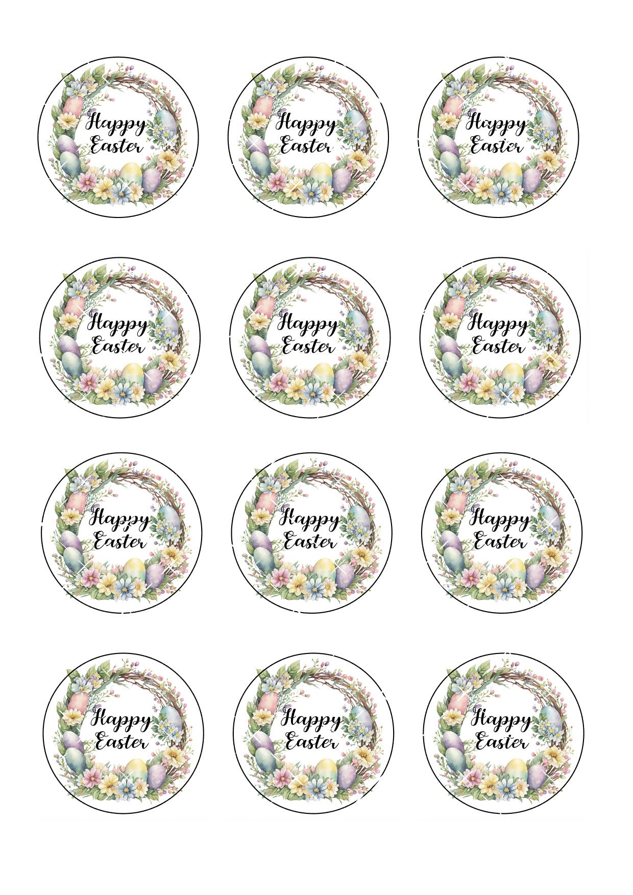 Happy Easter Wreath Icing Sheet Cupcake Toppers