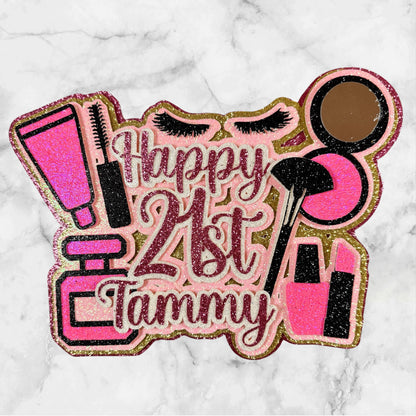 Pink Make-up Glitter Card Cake Topper