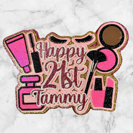 Pink Make-up Glitter Card Cake Topper