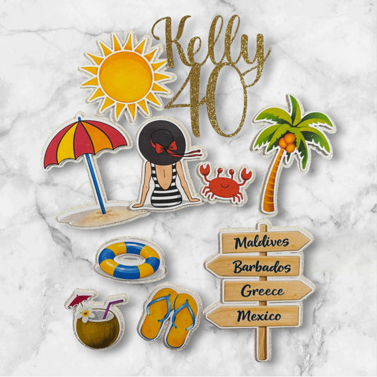 Beach Holiday Glitter Card Cake Topper Set