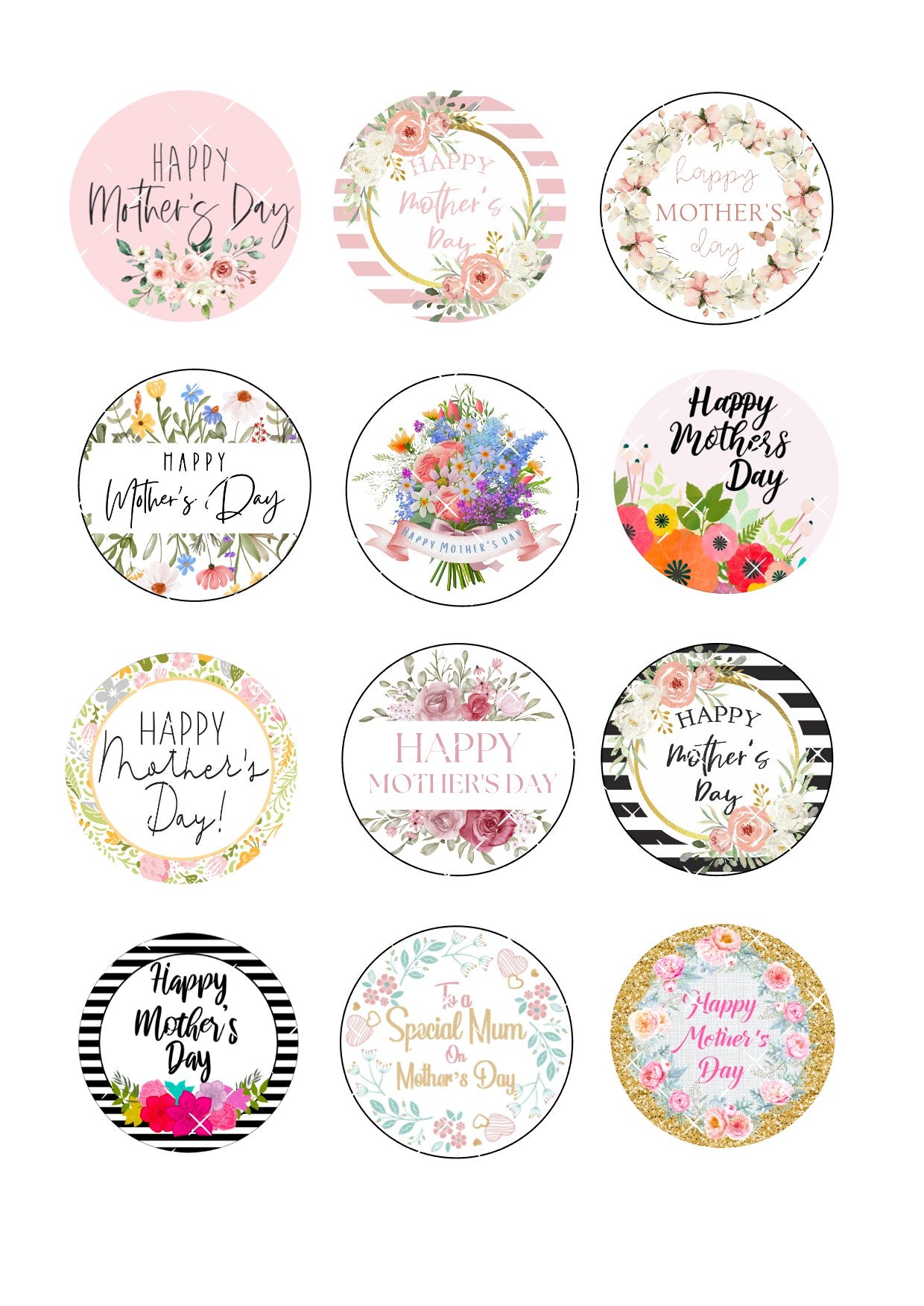 Mother's Day Icing Sheet Mixed Design Cupcake Toppers