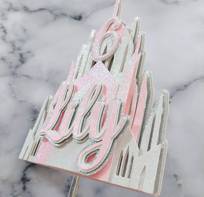 Pink Ice Queen Castle Glitter Card Cake Topper #3