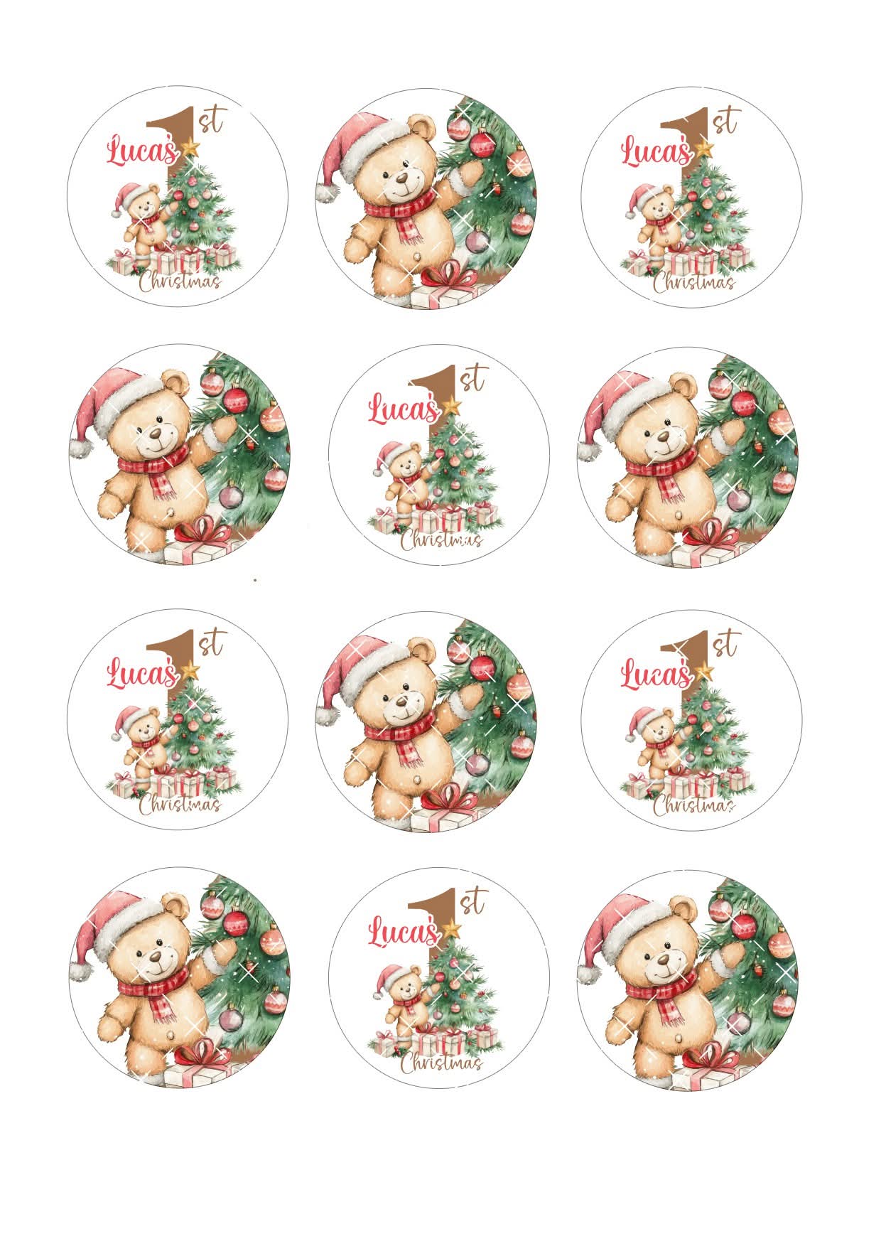 1st Christmas Teddy Bear Cupcake Toppers Icing Sheet