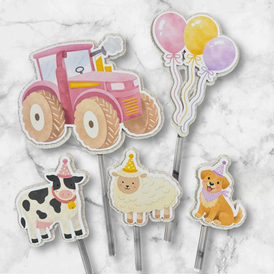 Pink Farm Card Cake Topper Set