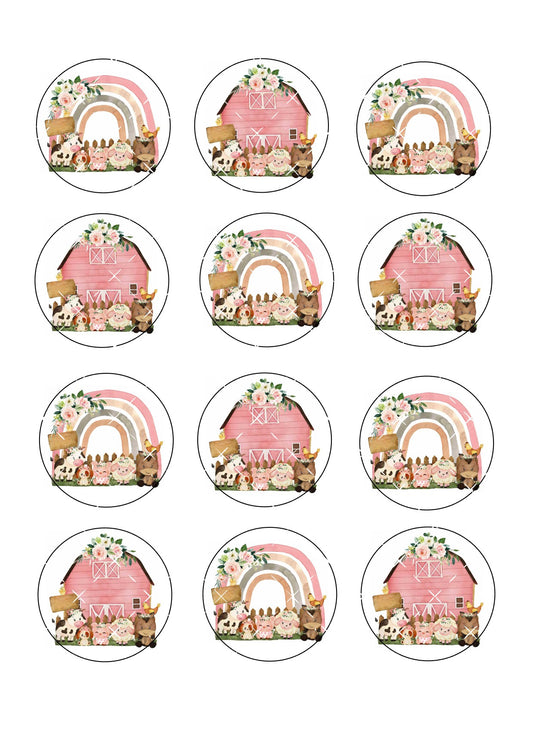 Pink Farm Icing Sheet Cupcake Toppers