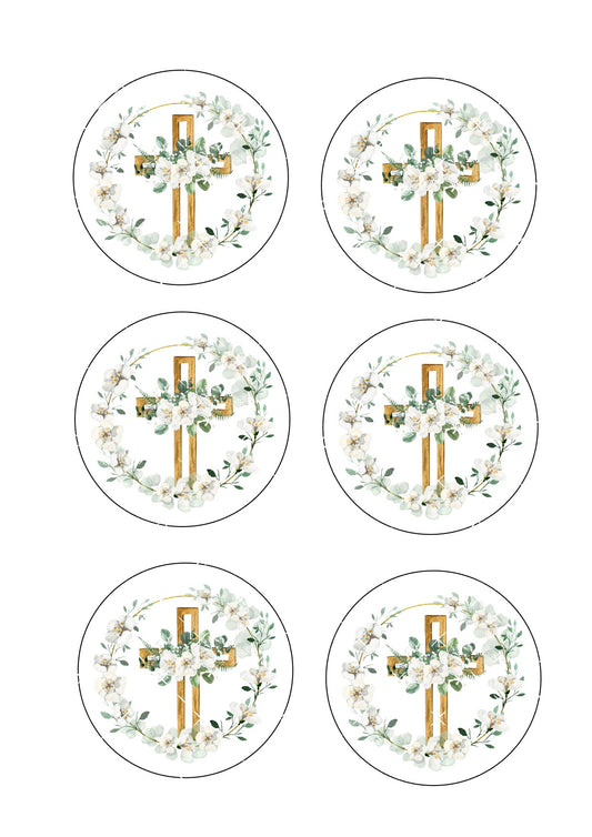 Floral Cross Icing Sheet Christening Cookie Toppers