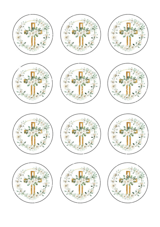 Floral Cross Icing Sheet Christening Cupcake Toppers