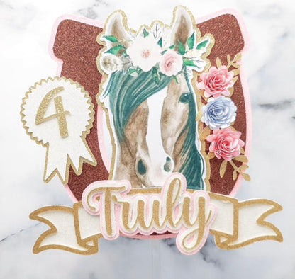 Floral Horse Glitter Card Cake Topper