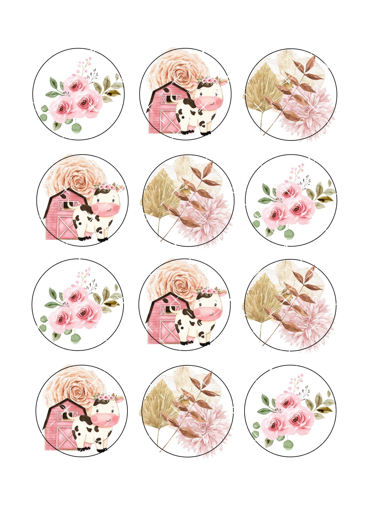 Pink Floral Cow Edible Cupcake Toppers