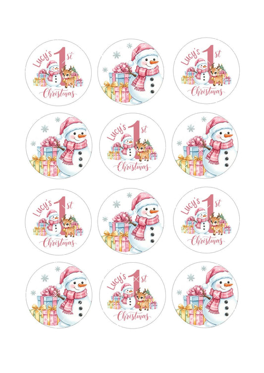 1st Christmas Pink Snowman Cupcake Toppers Icing Sheet