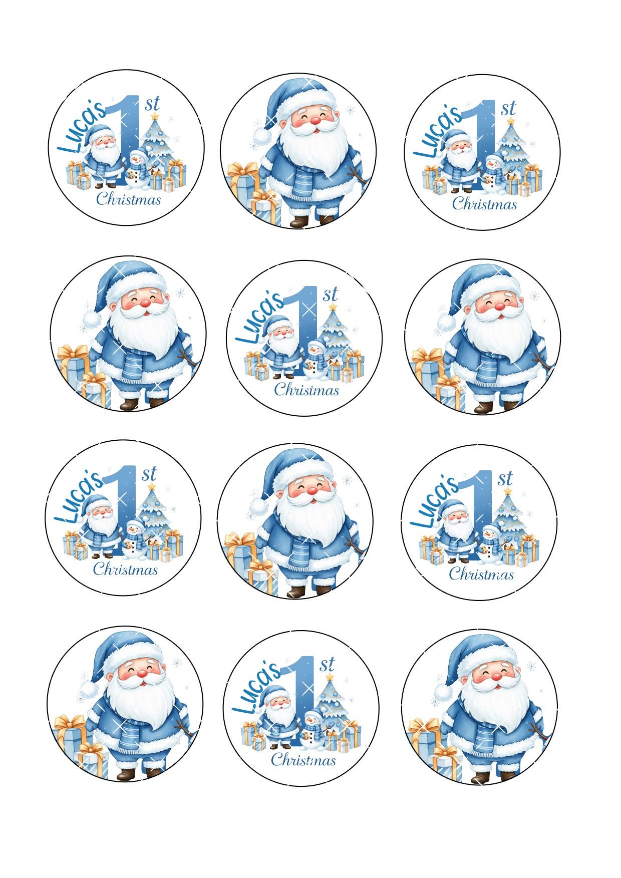 1st Christmas Blue Santa Cupcake Toppers Icing Sheet