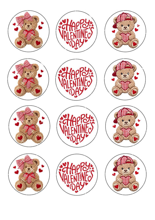 Valentines Teddy Icing Sheet Cupcake Toppers