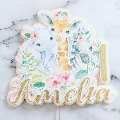 Pink Safari Glitter Card Cake Topper