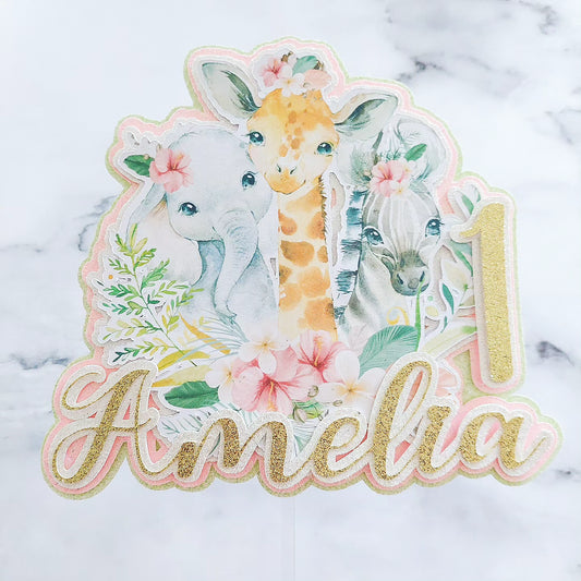 Pink Safari Glitter Card Cake Topper