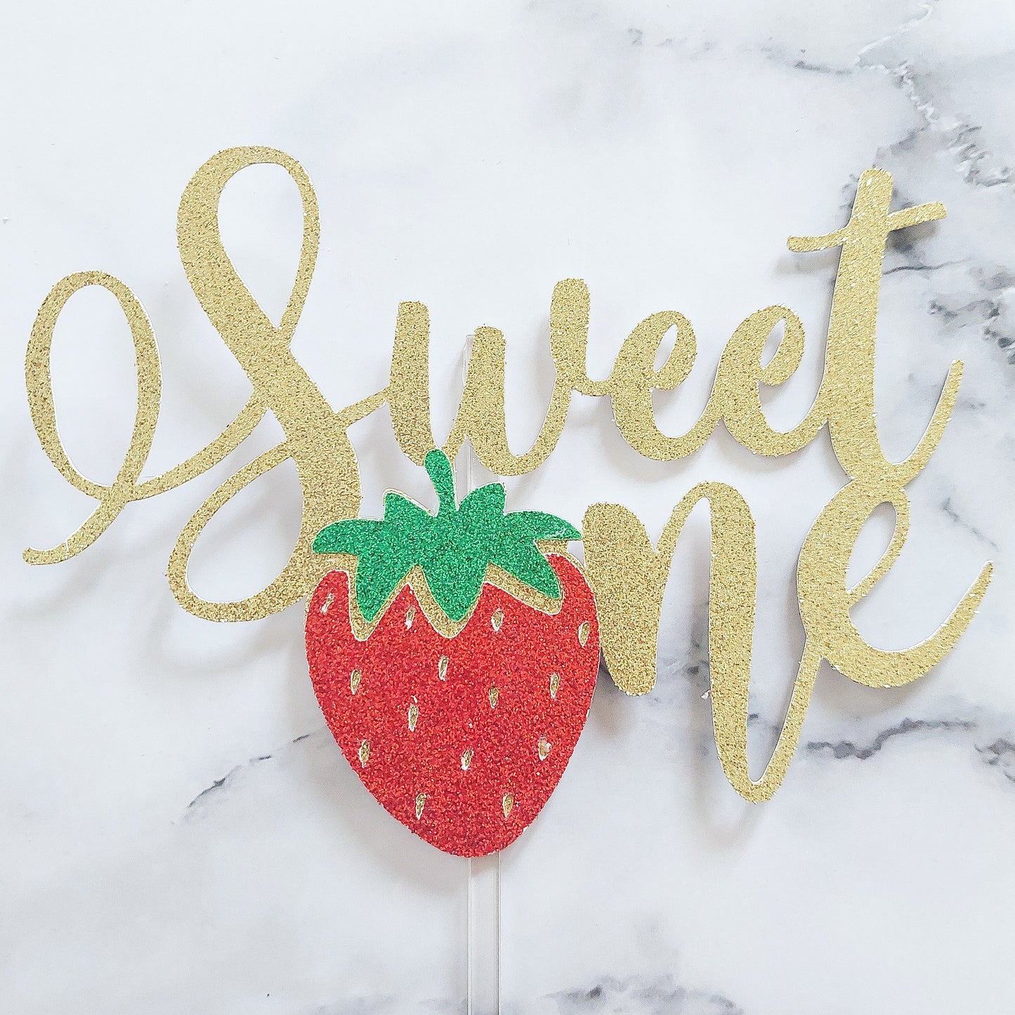 Sweet One Strawberry Glitter Card Cake Topper