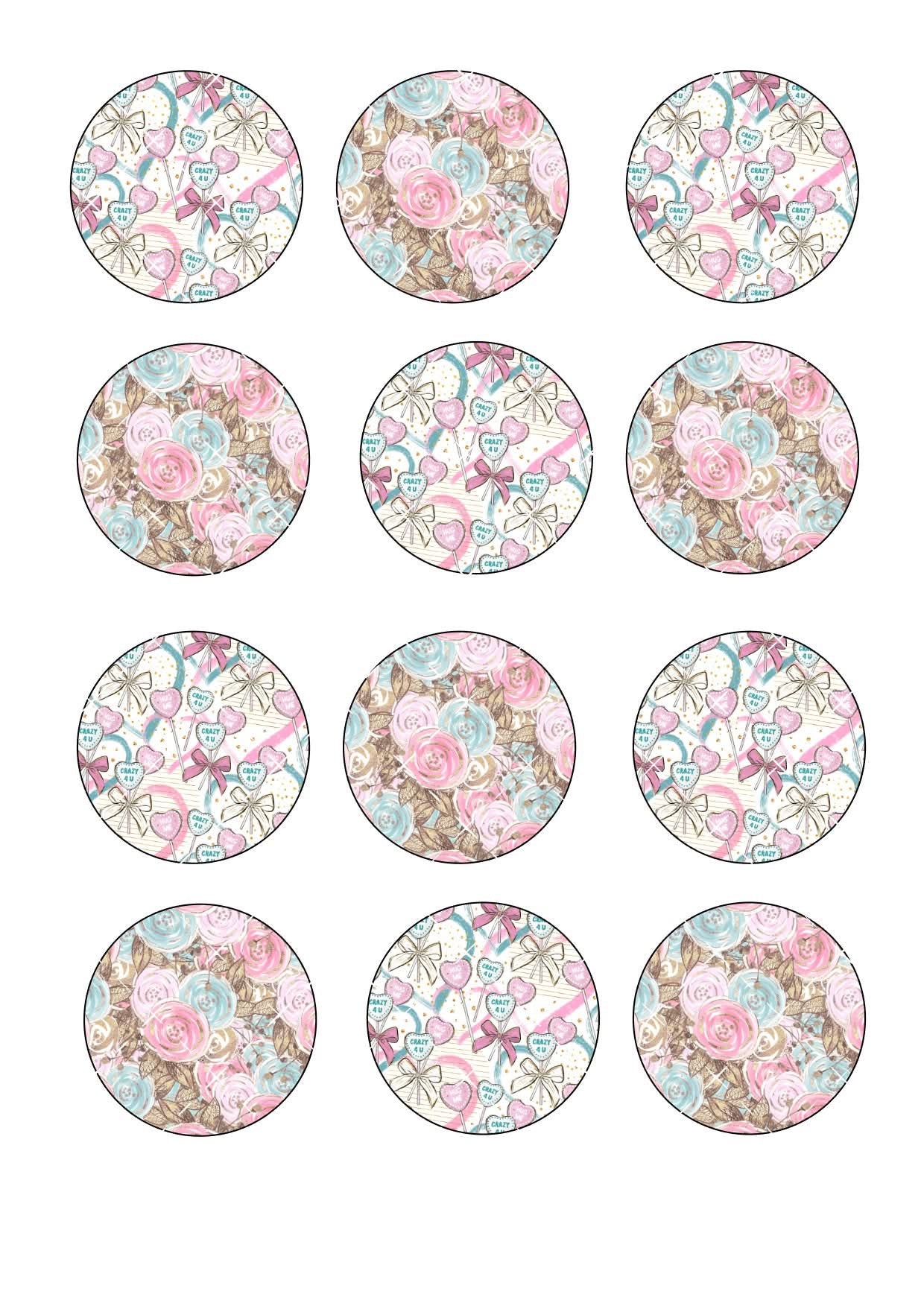 Roses/Lollipop Valentine Patterns Icing Sheet Cupcake Toppers