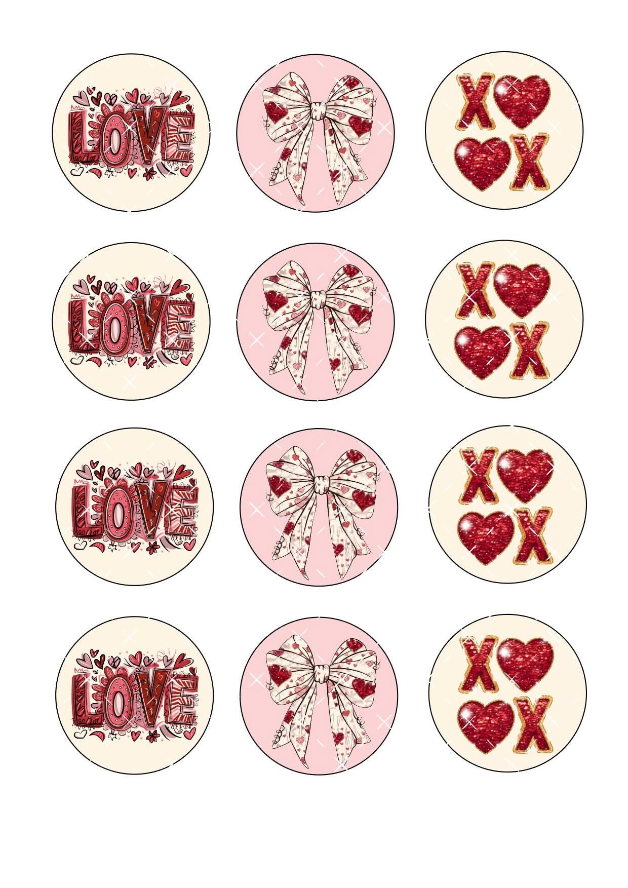 Love Bow XOXO Valentines Icing Sheet Cupcake Toppers