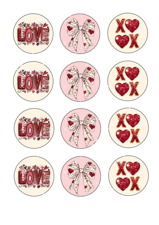 Love Bow XOXO Valentines Icing Sheet Cupcake Toppers