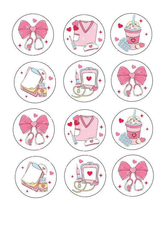 Valentines Nurse Icing Sheet Cupcake Toppers