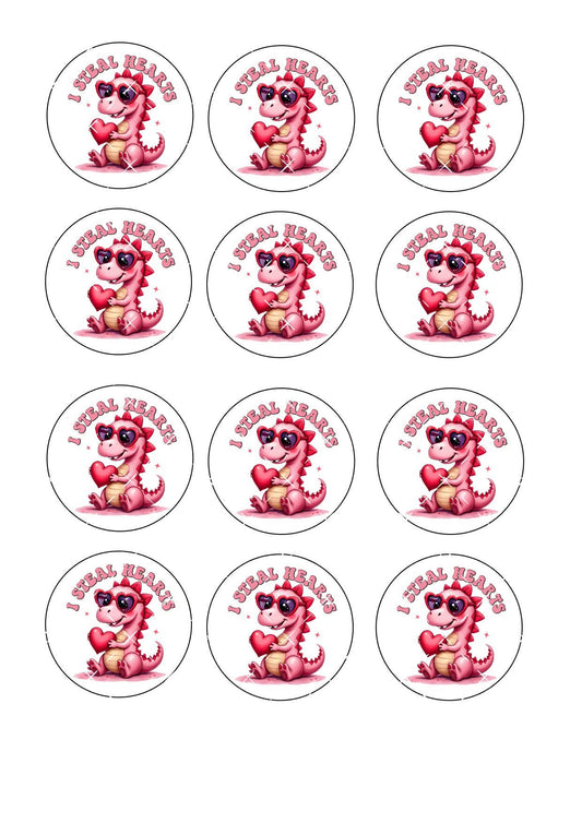 Dino I Steal Hearts Valentines Icing Sheet Cupcake Toppers