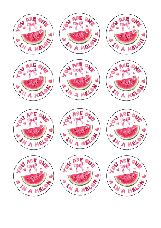 You Are One In A Melon Valentines Icing Sheet Cupcake Toppers