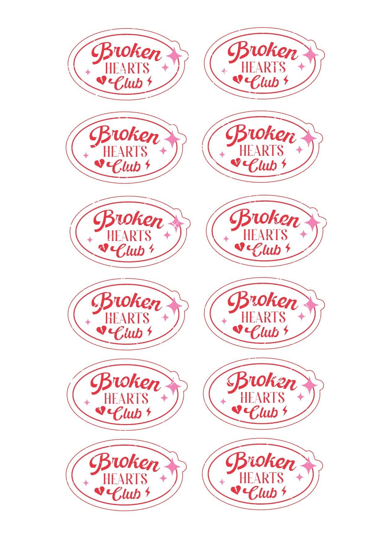 Broken Hearts Club Oval Valentines Icing Sheet CupcakeToppers