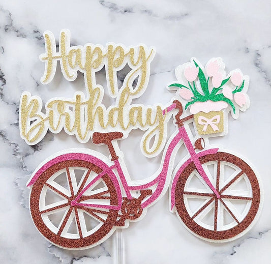 Floral Bike Glitter Card Cake Topper