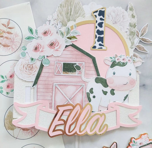 Floral Pink Cow Cake Toppers