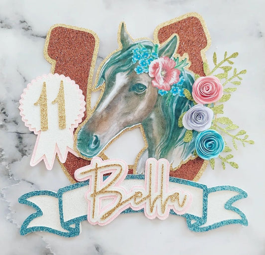 Floral Horse Glitter Card Cake Topper