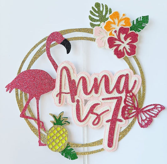 Tropical Flamingo Glitter Card Cake Topper