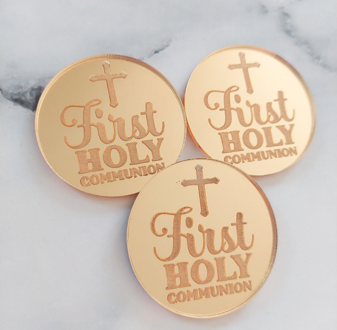 First Holy Communion Gold Mirror Acrylic Cupcake Topper