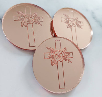 Floral Cross & On Your Christening Day Mirror Acrylic Cupcake Topper, Gold, Silver, Rose Gold