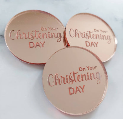 Floral Cross & On Your Christening Day Mirror Acrylic Cupcake Topper, Gold, Silver, Rose Gold