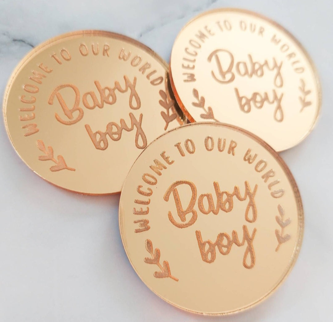 Welcome to our world baby boy - Gold Mirror Acrylic Cupcake Topper