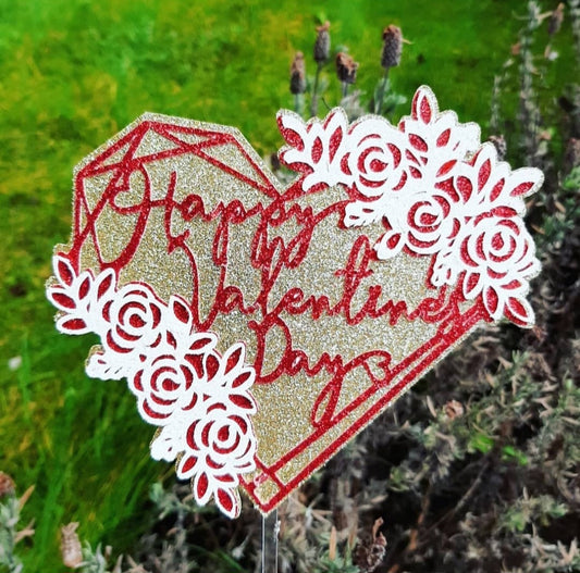 Happy Valentine's Day Floral Glitter Card Cake Topper